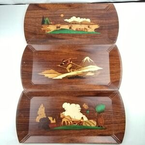 Vintage Hasko Wood Veneer Haskelite Lithograph Tray Lot of 3 Seasons MCM Decor